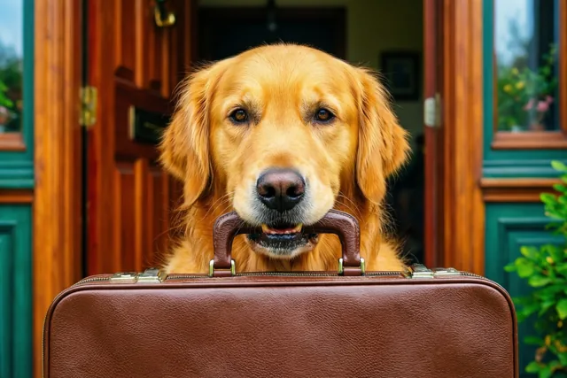 Een golden retriever houdt een bruine leren aktetas in zijn bek bij een houten voordeur met groen schilderwerk en planten ernaast.