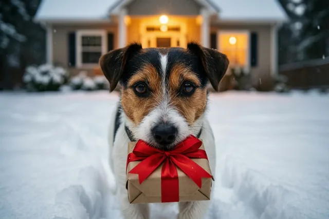 Een jackrussellterriër staat in een besneeuwde tuin met een klein bruin cadeaudoosje met rode strik in zijn bek, voor een huis met warm verlichte ramen.