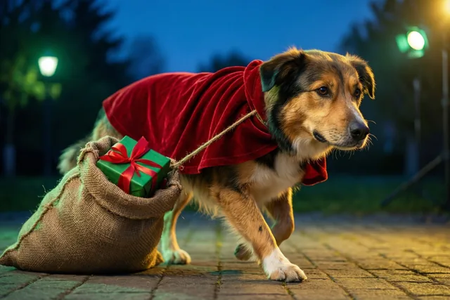 Een hond met een rode fluwelen cape trekt een juten zak met een groene geschenkdoos over een geplaveide ondergrond, onder straatverlichting en een donkerblauwe nachthemel.