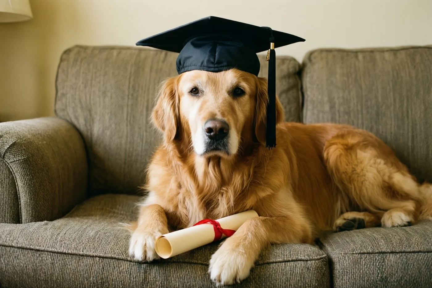 Een golden retriever ligt op een grijze zetel met een zwarte afstudeerhoed en een opgerold diploma tussen zijn poten, in warm licht.