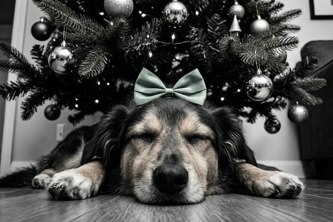 Een zwart-witbeeld toont een hond die met een gekleurde strik op zijn kop onder een versierde kerstboom slaapt.