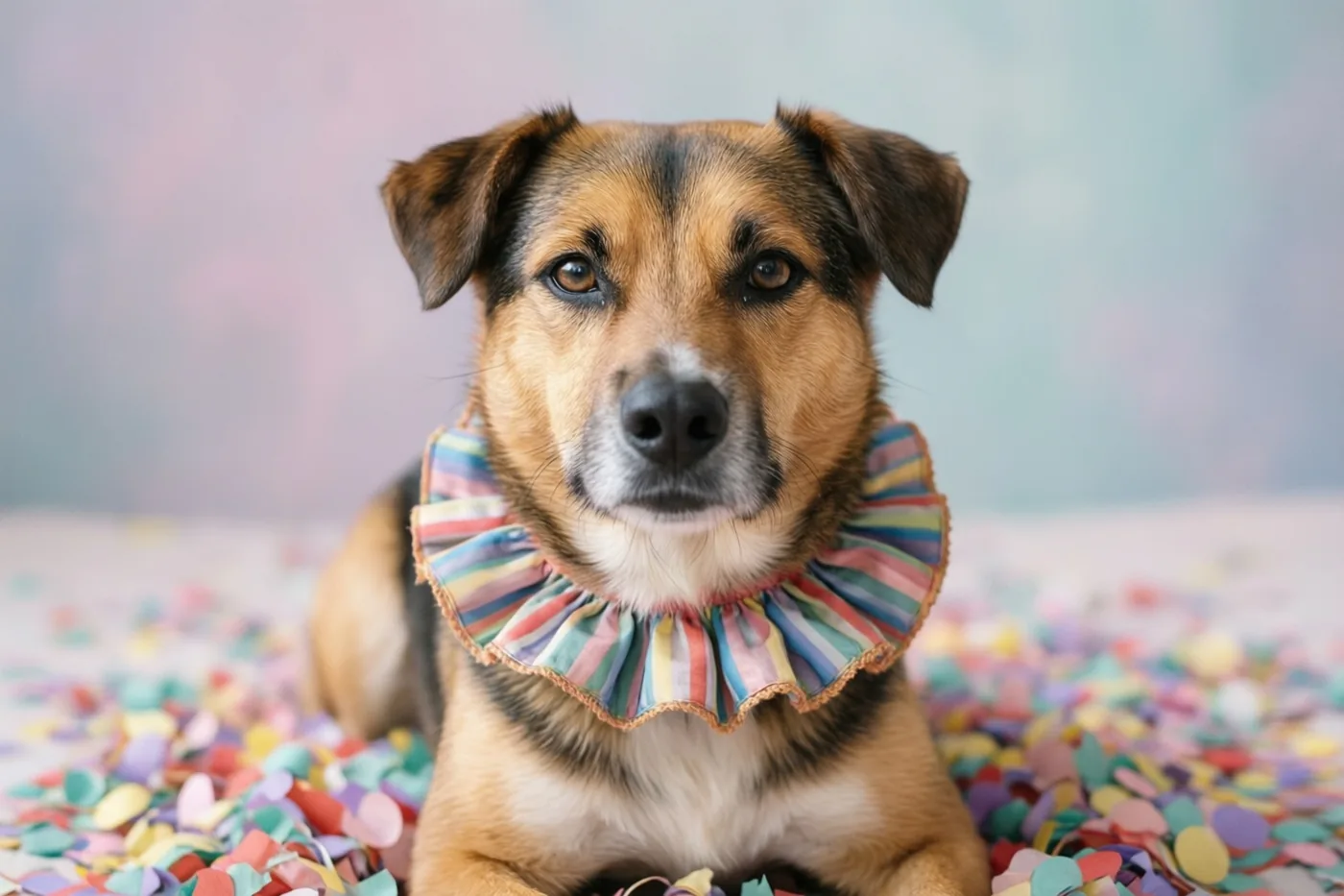 Een bruin-zwarte hond met een gestreepte rucheskraag zit tussen kleurrijke confetti tegen een zacht onscherpe achtergrond in pasteltinten.