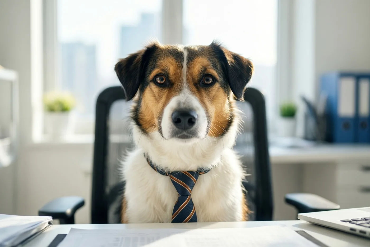 Een bruin-zwart-witte hond met een gestreepte stropdas zit op een bureaustoel achter een bureau in een helder, modern kantoor.