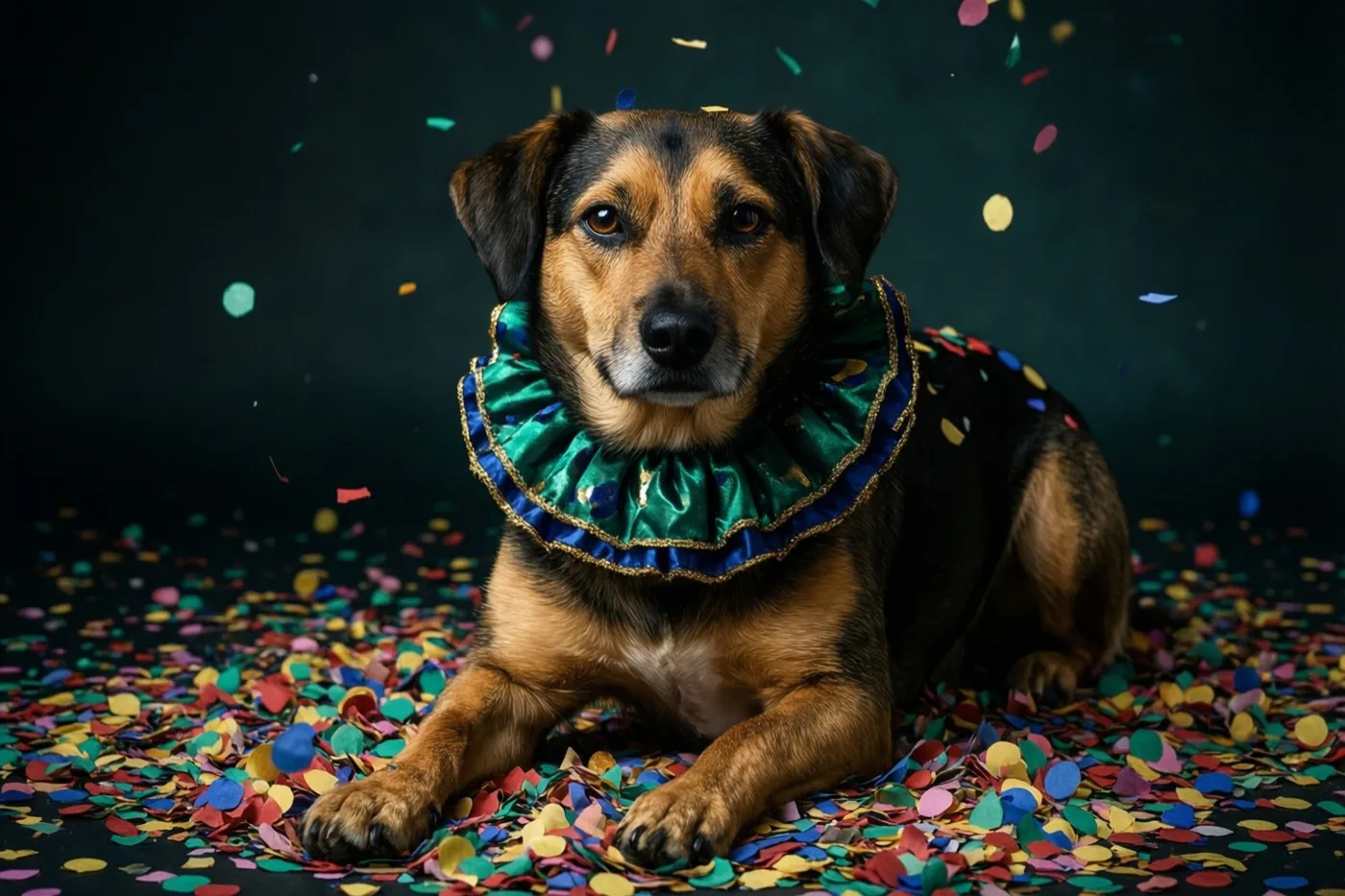 Een bruin-zwarte hond met een groen-blauwe rucheskraag zit op een donkere ondergrond vol kleurrijke confetti, met vallende confetti tegen een donkere achtergrond.