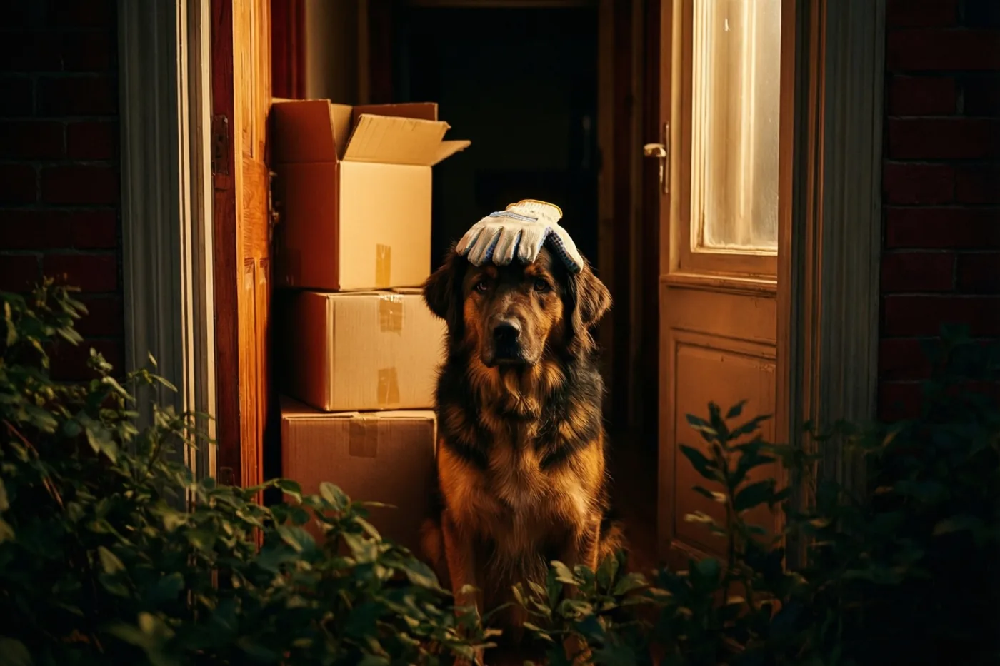 Een hond met een werkhandschoen op zijn kop zit in een deuropening naast een stapel verhuisdozen, in warm goudkleurig zonlicht.