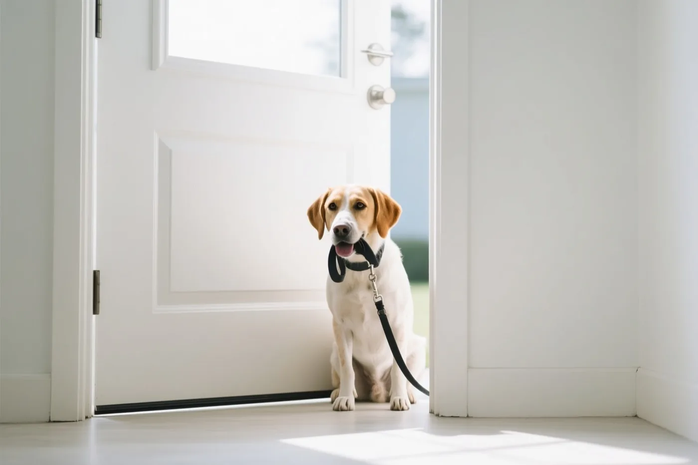 Een lichtgekleurde hond met hangoren zit bij een open witte deur met een zwarte leiband in zijn bek, terwijl zonlicht naar binnen valt.