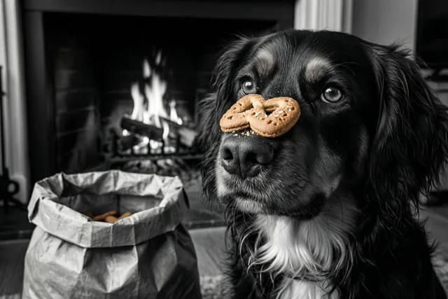 Een zwart-witfoto toont een zwarte hond met een hartvormige pepernoot op zijn neus naast een open papieren zak bij een brandende haard.