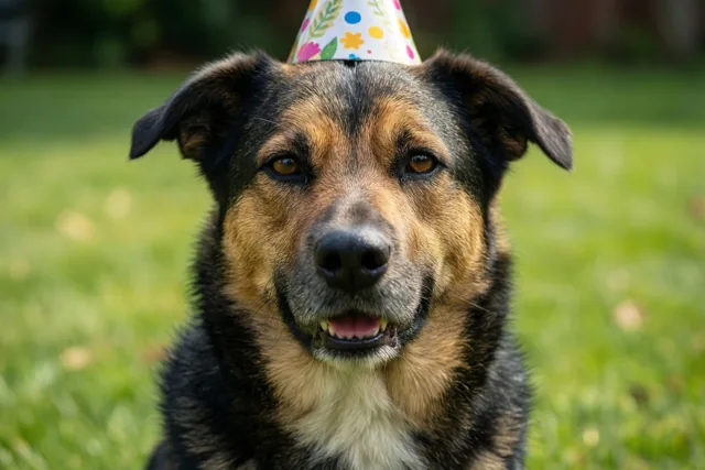 Een zwartbruine hond met een kleurrijk feesthoedje zit op een groen gazon en kijkt recht in de camera.