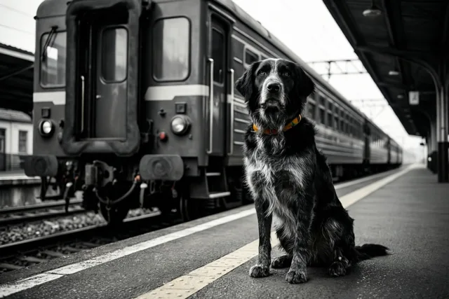 Een zwart-witte hond met een kleurrijke halsband zit op een perron en kijkt vooruit terwijl een trein in de verte verdwijnt, met de perronrand en sporen op de voorgrond.