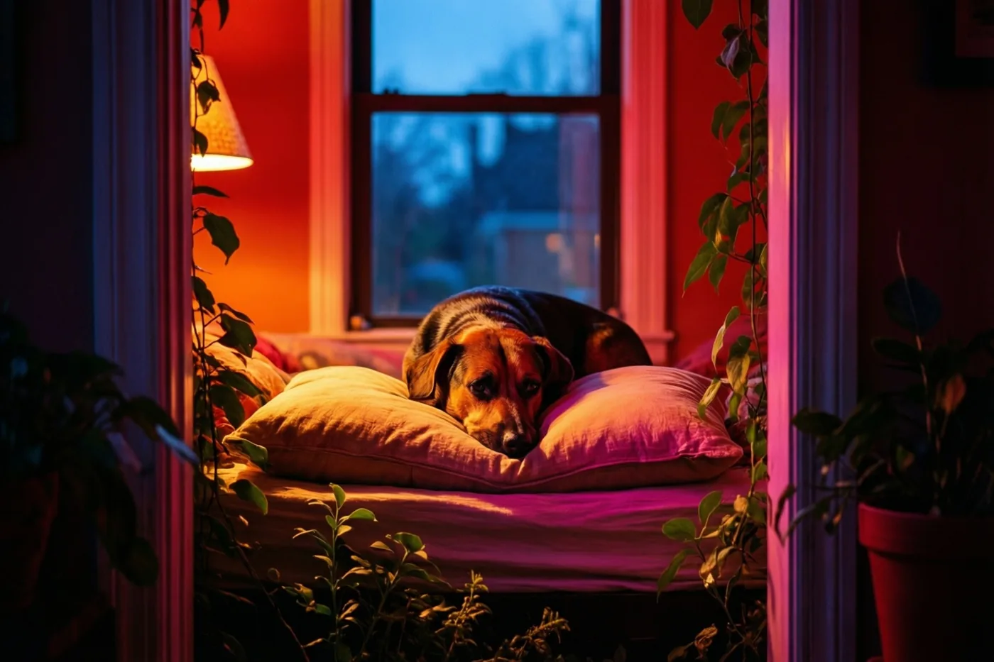Door een deuropening is een hond te zien die op een bed rust met zijn kop onder een kussen, bij warm kamerlicht en koelblauw licht uit een raam.