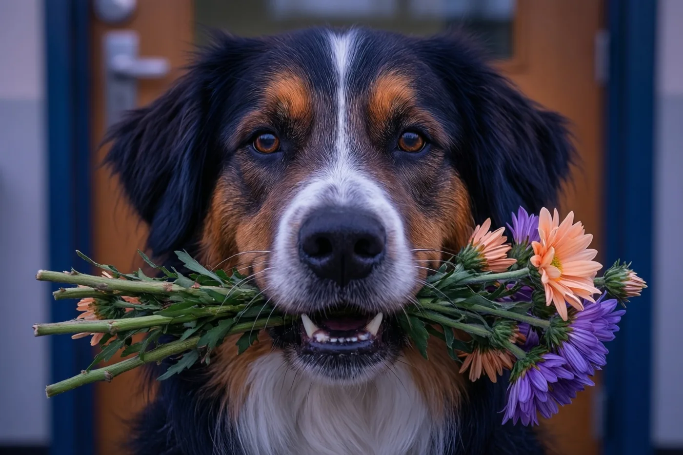 Een driekleurige hond met een witte bles kijkt naar de camera met een boeket oranje en paarse bloemen in zijn bek, voor een houten deur met een blauw kader.
