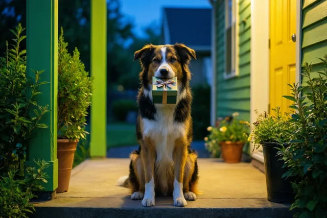 Een driekleurige hond zit in de schemering op een verandatrede met een cadeaudoosje met strik in zijn bek, tussen groene gevelbekleding en potplanten in warm licht.
