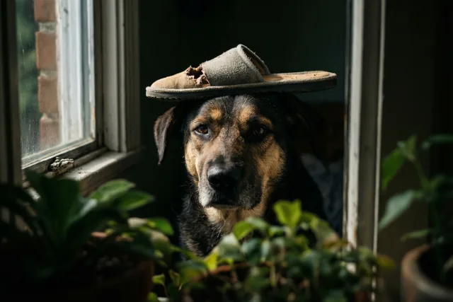 Een hond met een schuldige blik zit bij een raam met een kapotgekauwde pantoffel op zijn kop, met groene potplanten op de voorgrond.