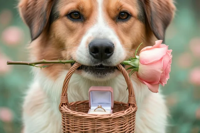 Een bruin-witte hond houdt buiten een klein rieten mandje in zijn bek met een roze roos en een open doosje met een ring, tegen een onscherpe groene en roze achtergrond.