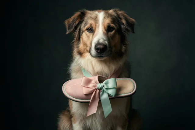 Een pluizige bruin-witte hond zit voor een donkere achtergrond met een roze pantoffel met strik in zijn bek.