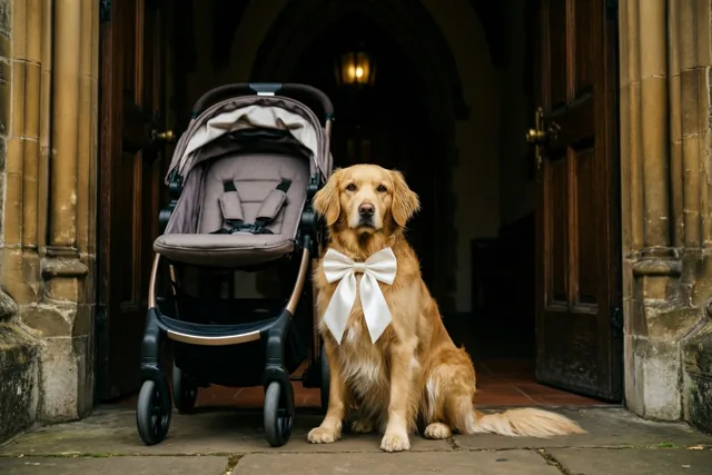 Een golden retriever met een witte satijnen strik zit naast een kinderwagen bij de ingang van een stenen kerk in warm licht.