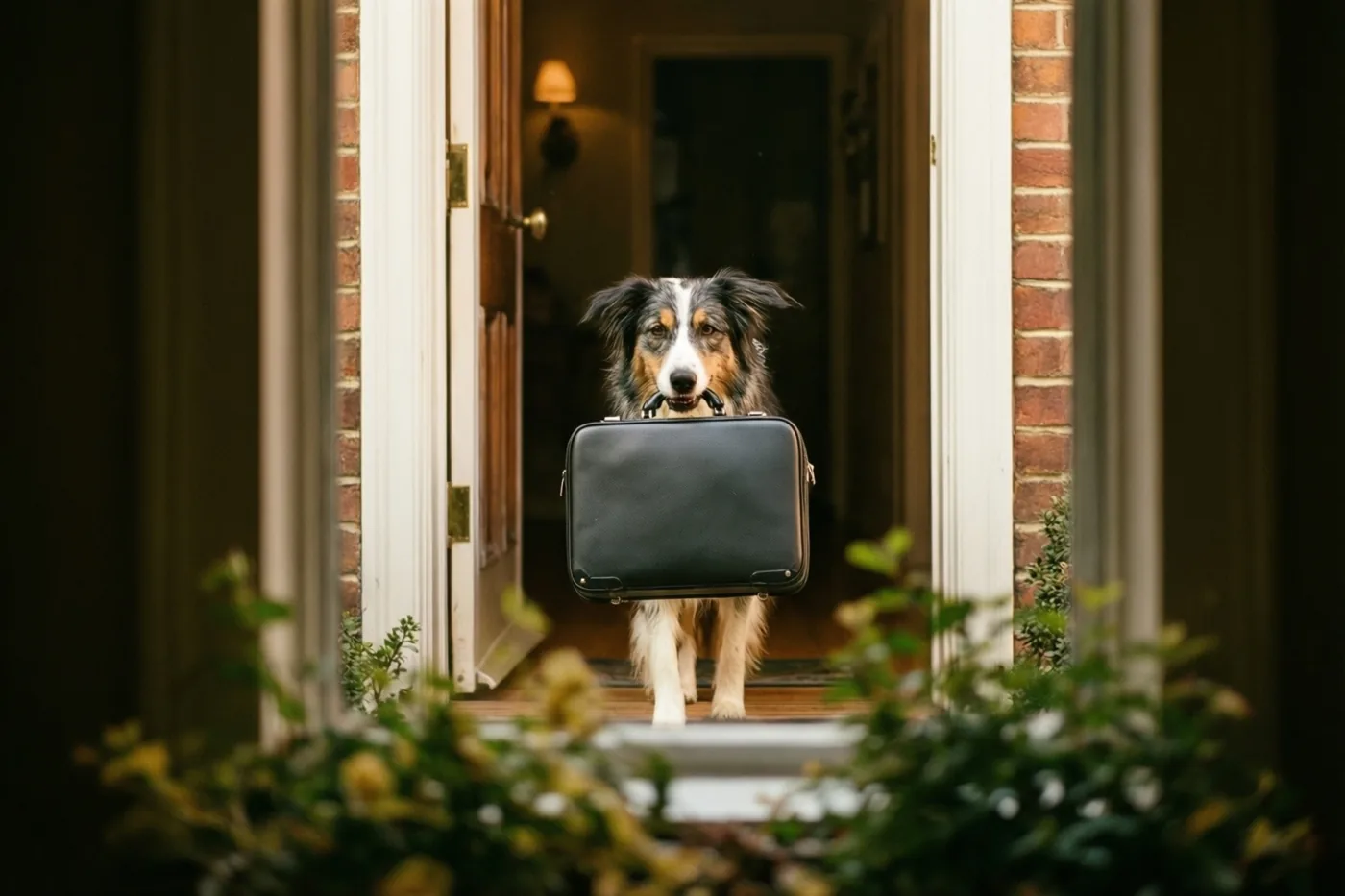 Een zwart-wit-bruine hond staat met een zwarte aktetas in zijn bek in een deuropening met een wit kozijn en een bakstenen muur, met groen op de voorgrond.