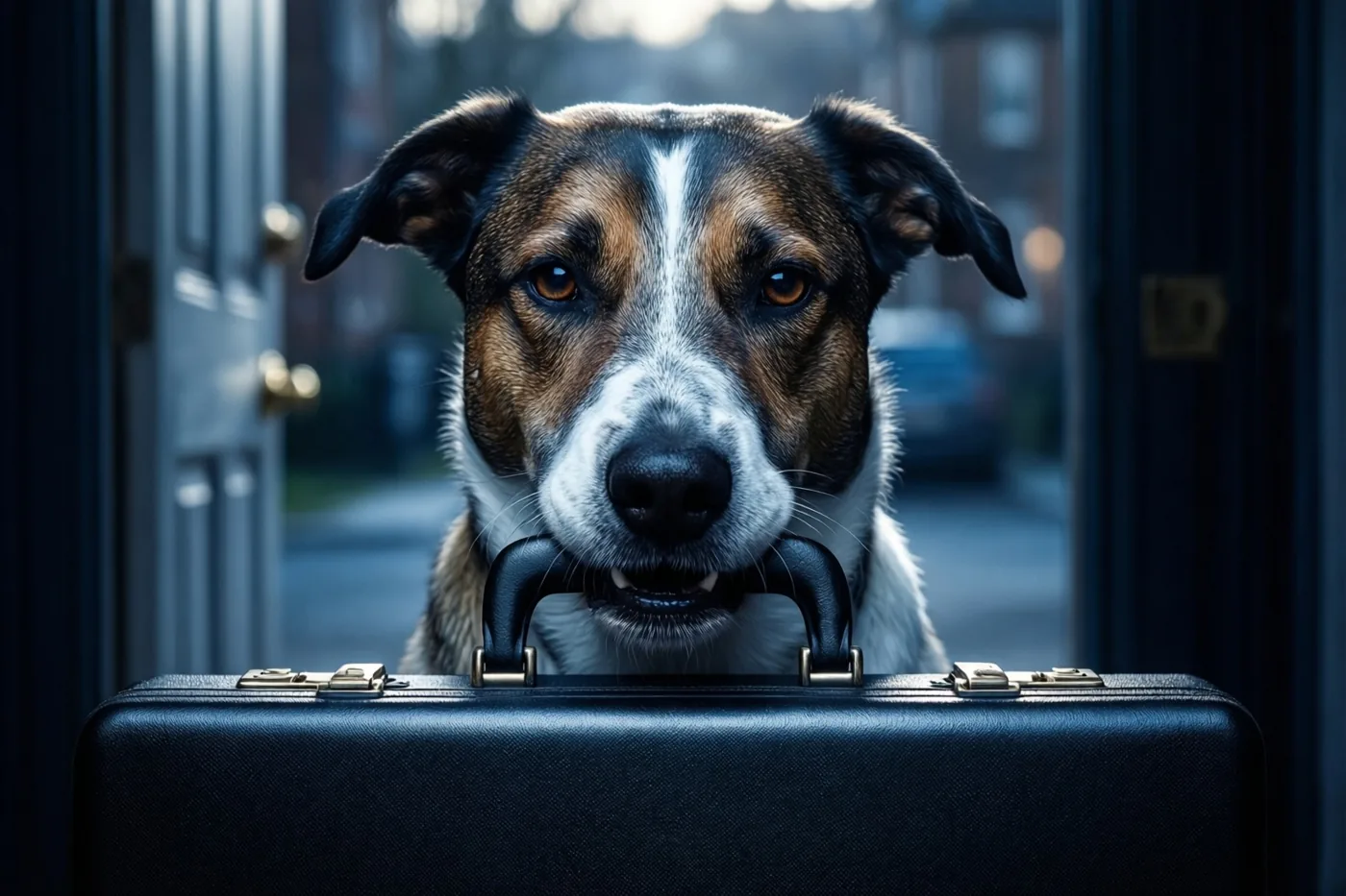 Een bruin-witte hond is vanaf de borst in beeld en houdt een zwarte aktetas in zijn bek in een deuropening, in een zwak verlichte stedelijke omgeving met koele blauwe tinten.