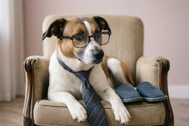 Een hond met bril en das ligt in een beige zetel met blauwe pantoffels ernaast, tegen een zachtroze muur.