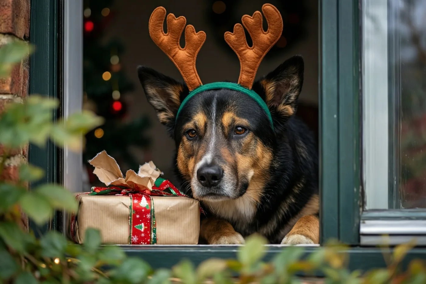 Een hond met een bruin rendiergewei op zijn kop kijkt uit een raam naast een opengescheurd kerstcadeau in bruin papier met rood lint, met feestlichtjes op de achtergrond.