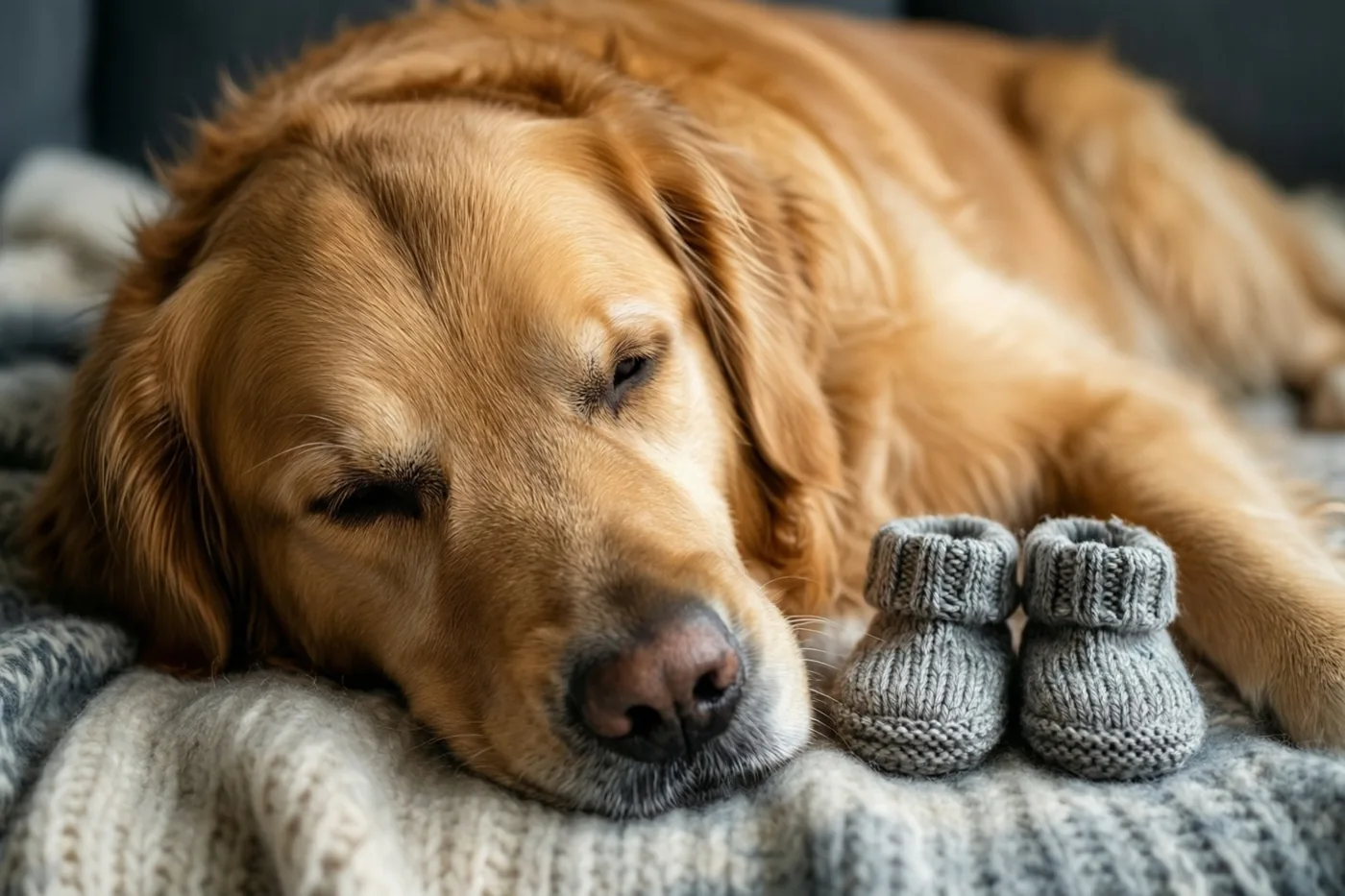 Een golden retriever legt zijn hoofd op een wollen deken met structuur, naast een paar kleine grijze gebreide babyslofjes in zacht licht.