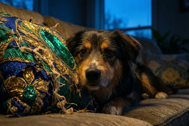 Een bruin-zwarte hond gluurt van achter een zetel naast een zwaar verscheurd sierkussen, met blauw raamlicht op de achtergrond.