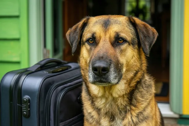 Een bruin-zwarte hond zit naast een zwarte koffer bij een open voordeur tegen de groen-gele buitenkant van een huis.