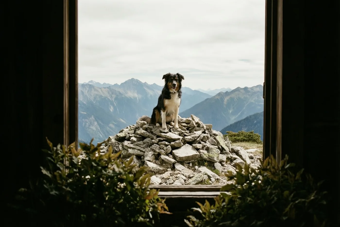 Door een donker houten raamkozijn is een hond op een stapel stenen op een bergtop te zien, met verre pieken en groen gebladerte op de voorgrond.