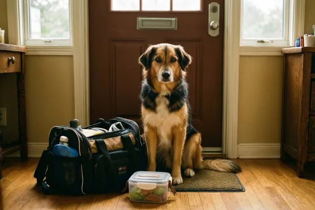 Een hond zit op een deurmat naast een zwarte werktas en een doorzichtige brooddoos, voor een bruine deur op een houten vloer.
