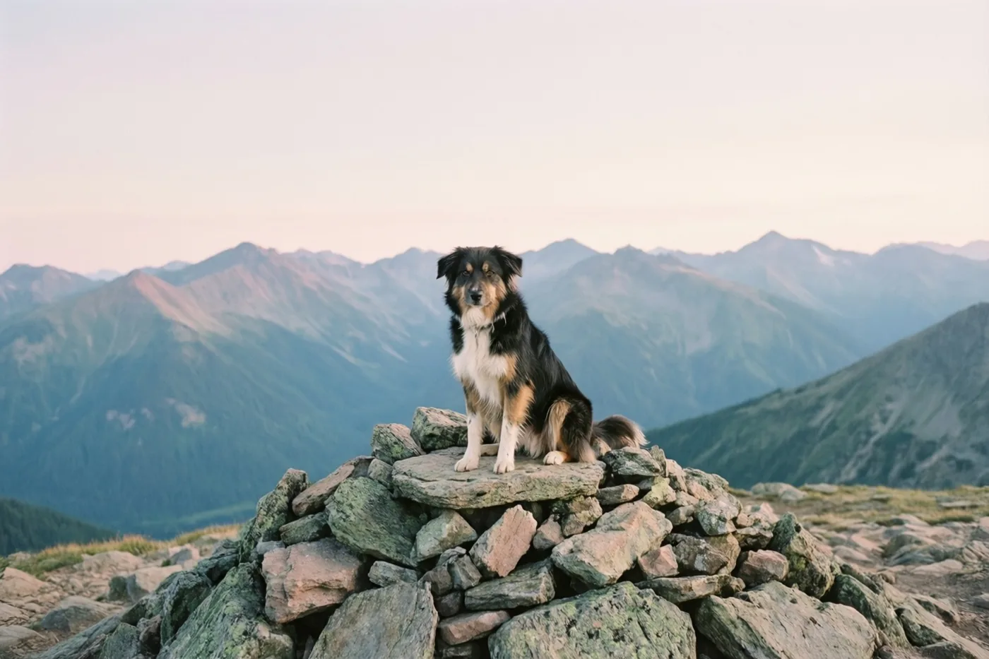 Een zwart-wit-bruine hond zit op een stapel stenen op een bergtop, met verre bergen onder een zachte pastelkleurige lucht.