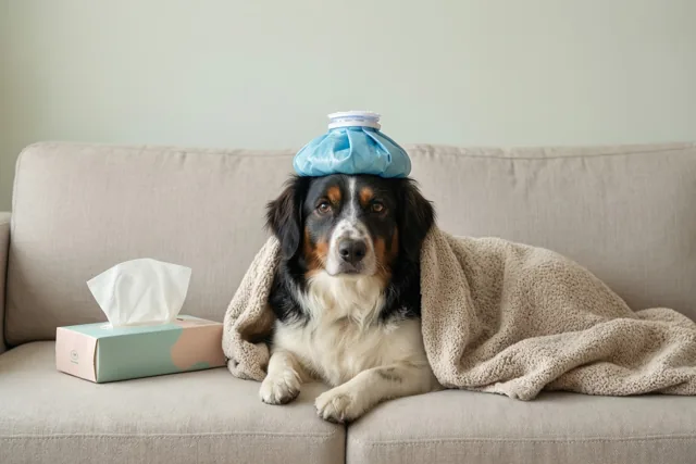 Een zwart-bruin-witte hond ligt in een beige deken op een lichtgrijze zetel met een blauwe koelzak op de kop en een doos zakdoekjes naast zich.