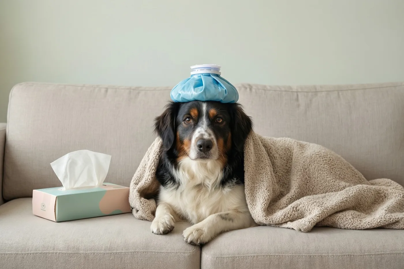 Een zwart-bruin-witte hond ligt in een beige deken op een lichtgrijze zetel met een blauwe koelzak op de kop en een doos zakdoekjes naast zich.