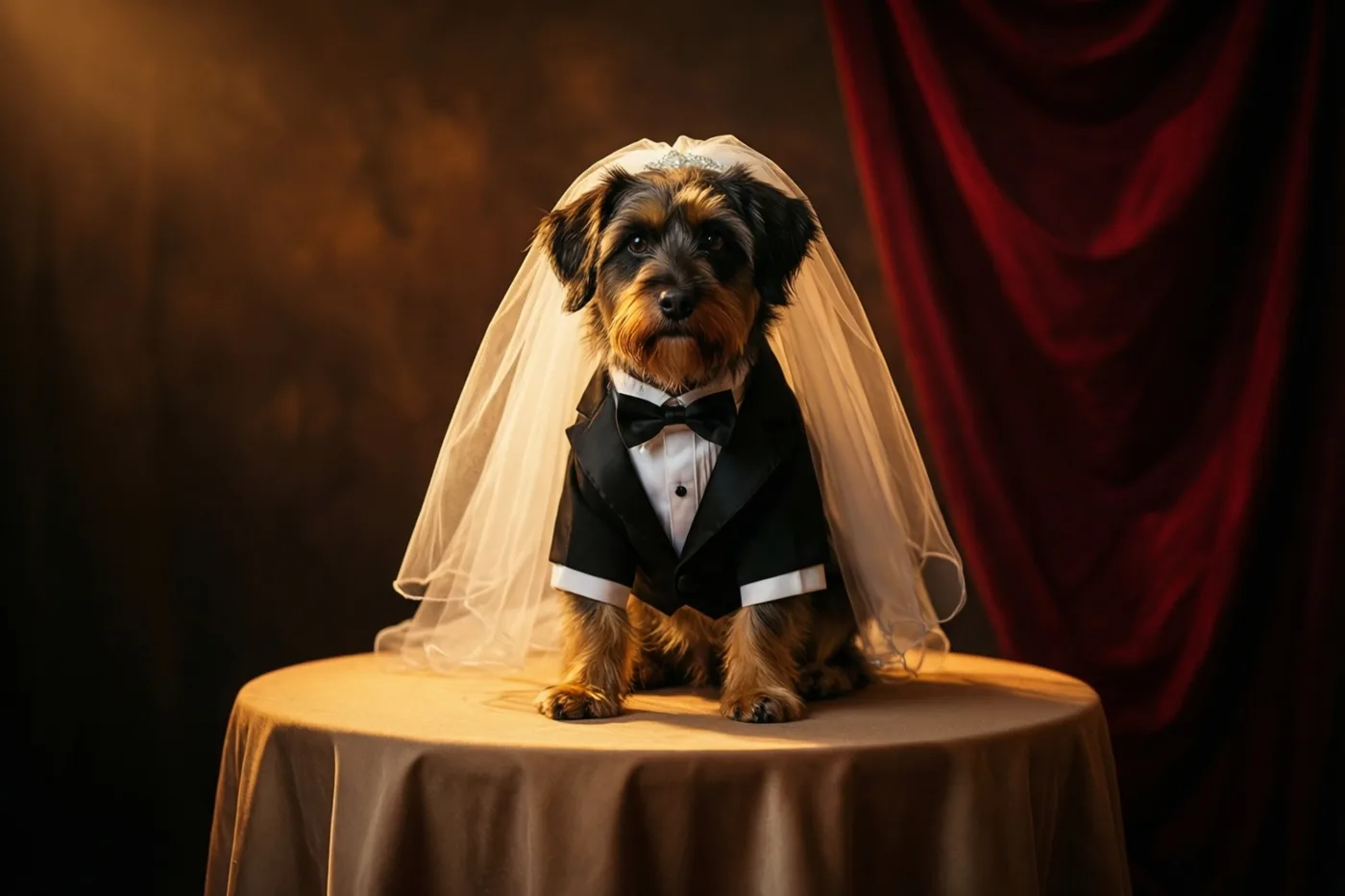 Een kleine hond met een smoking en sluier zit op een ronde tafel met een bruin tafelkleed, tegen een donkere achtergrond met een rood gordijn en warme verlichting.
