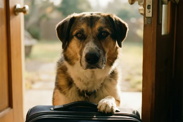 Een bruin-witte hond zit op een zwarte koffer in een deuropening, met een voorpoot op het handvat in warm zonlicht.