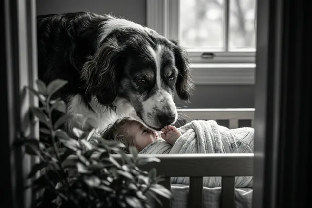 Een zwart-witte hond snuffelt aan de kleine voetjes van een ingebakerde baby in een babybed, gezien door een deuropening met een plant op de voorgrond.