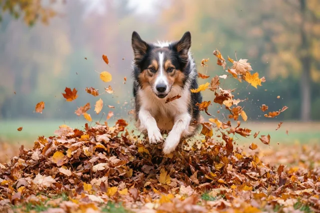 Een hond springt in een grote hoop herfstbladeren die de lucht in vliegen, in een veld met wazige bomen op de achtergrond.