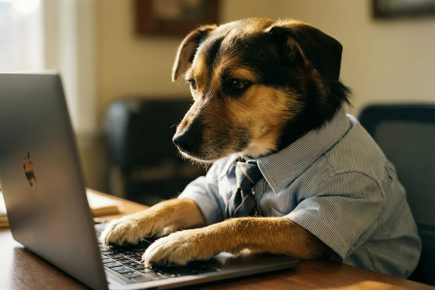 Een hond met hemd en das zit aan een houten bureau en typt op een zilverkleurige laptop in warm licht met beige en bruine tinten.