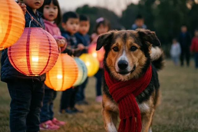Een hond met een rode sjaal draaft bij valavond voor een rij kinderen met brandende papieren lampionnen uit, op gras met een zacht vervaagde achtergrond.