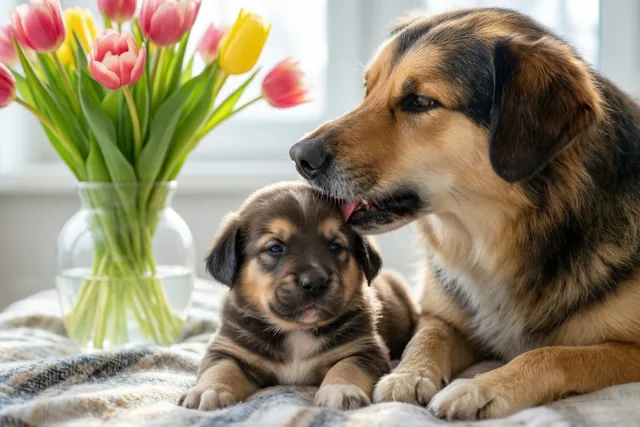 Een moederhond likt het hoofd van haar puppy op een deken met een patroon, met een doorzichtige glazen vaas vol roze en gele tulpen op de achtergrond.