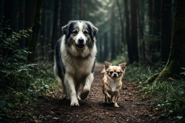 Een grote zwart-witte hond en een kleine lichtbruine chihuahua lopen naast elkaar op een pad door een mistig bos met mos en hoge bomen.