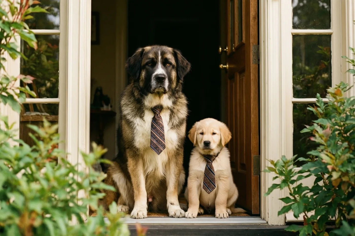 Een grote volwassen hond en een kleine puppy met bijpassende dassen met motief zitten naast elkaar op een drempel, omlijst door een houten deur en groen.