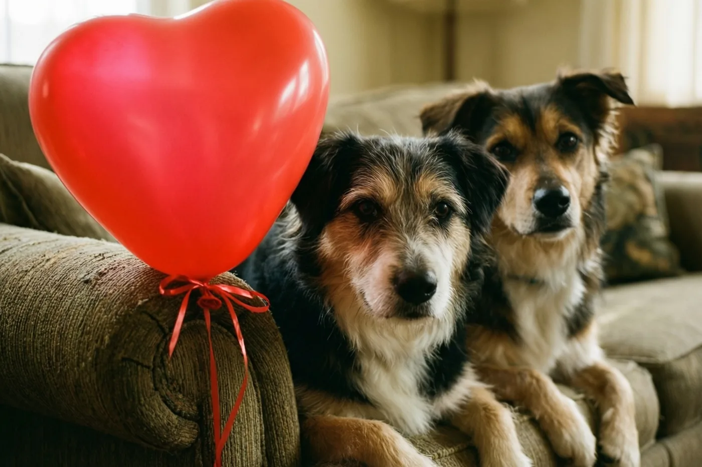 Twee honden zitten op een bruine zetel met een grote rode hartvormige ballon aan de armleuning.
