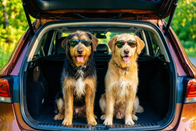 Twee honden met zonnebrillen zitten naast elkaar in de open koffer van een oranjebruine auto, met groen op de achtergrond in fel zonlicht.