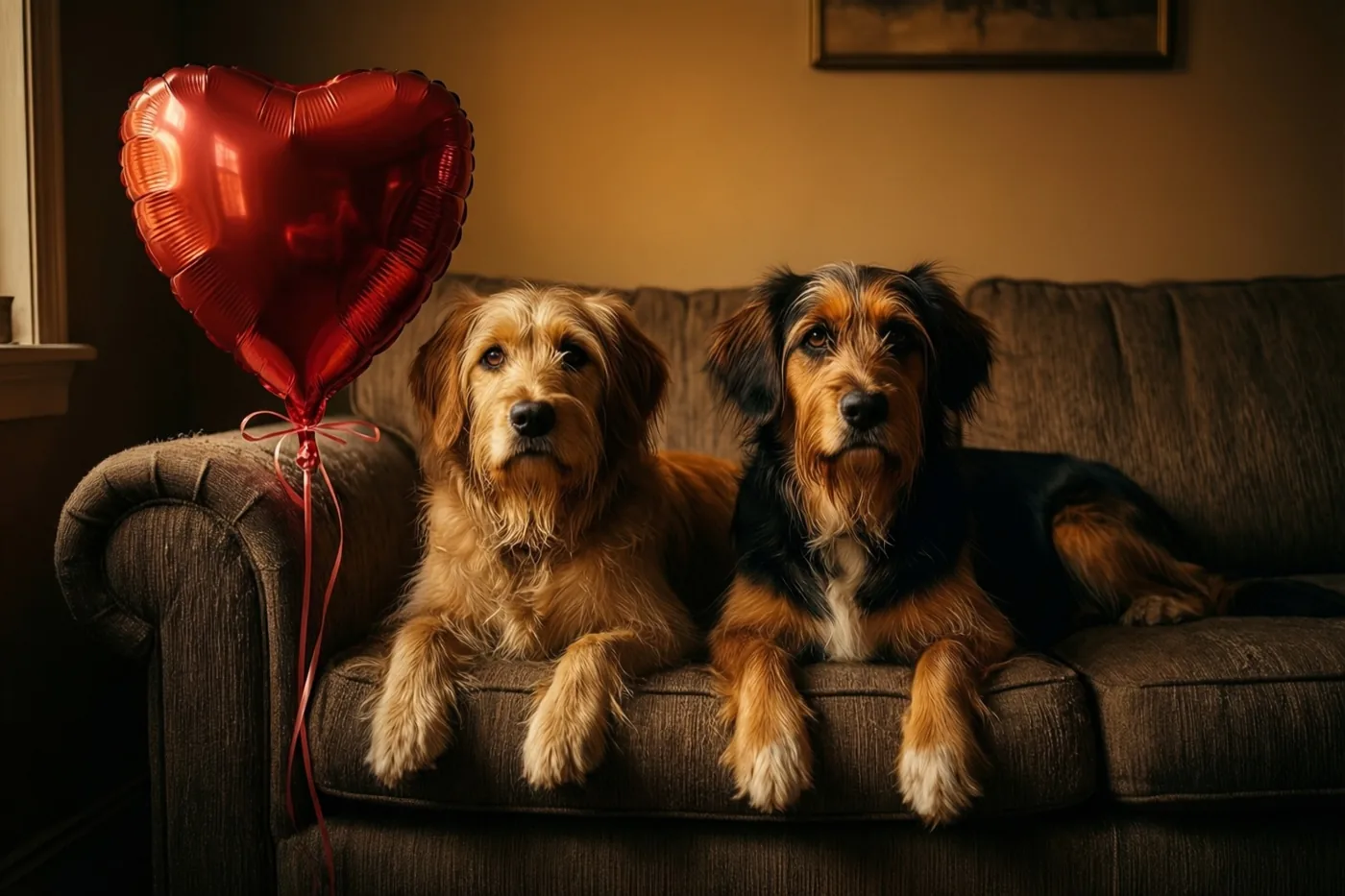 Twee honden zitten naast elkaar op een donkerbruine zetel met een glanzende rode hartvormige ballon aan de armleuning, in warm licht.