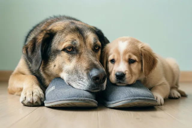 Een volwassen hond en een puppy rusten met hun kop op grijze herenpantoffels op een houten vloer, voor een effen lichtgroene muur.