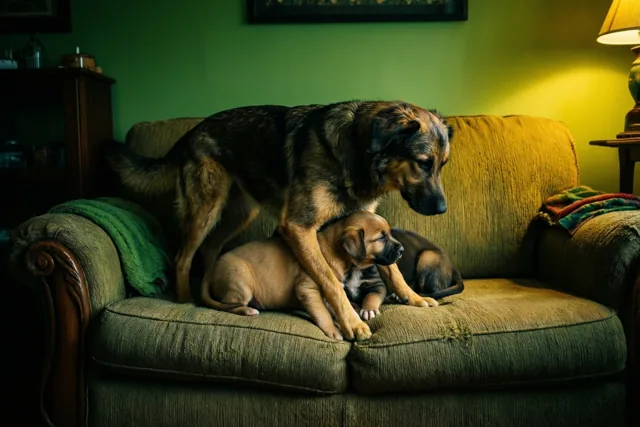 Een moederhond staat met haar puppy's op een groene zetel, terwijl er één over haar rug klimt, in een warm verlichte woonkamer met groene muren en een lamp.
