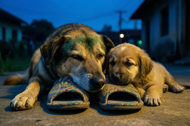 Een oude hond en een puppy rusten met hun kop op herenpantoffels met een motief op een betonnen ondergrond bij valavond, in blauwe en warmgele tinten.