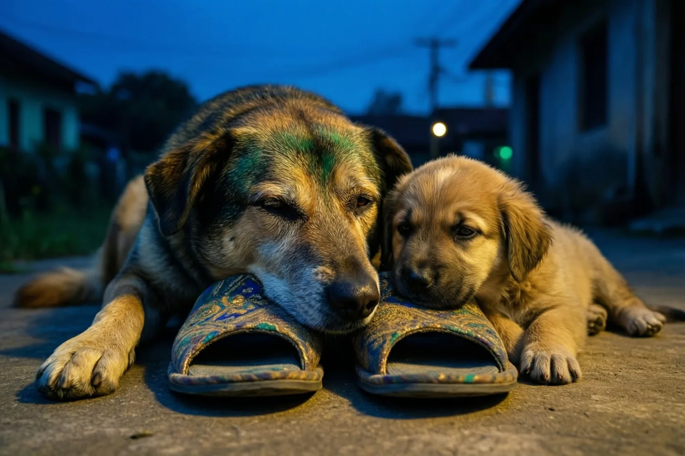 Een oude hond en een puppy rusten met hun kop op herenpantoffels met een motief op een betonnen ondergrond bij valavond, in blauwe en warmgele tinten.