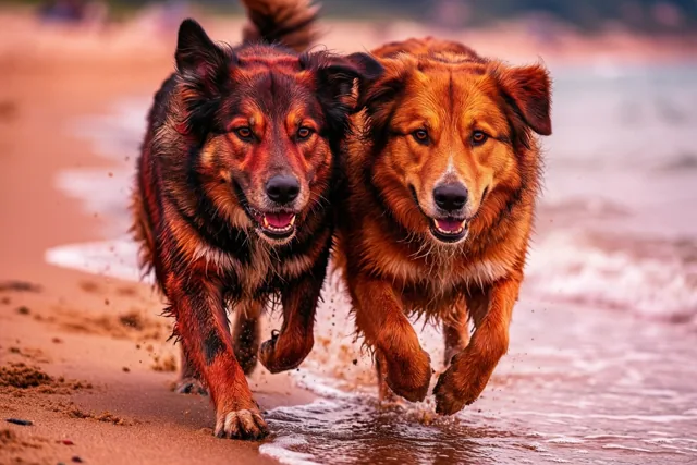 Twee honden rennen naast elkaar langs de waterlijn op een zandstrand en spatten met hun poten door het ondiepe water in warm goudkleurig licht.