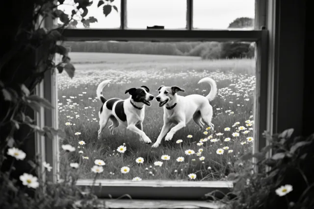 Door een raamkozijn zijn twee spelende honden in een weide te zien, in zwart-wit met alleen de madeliefjes in kleur.